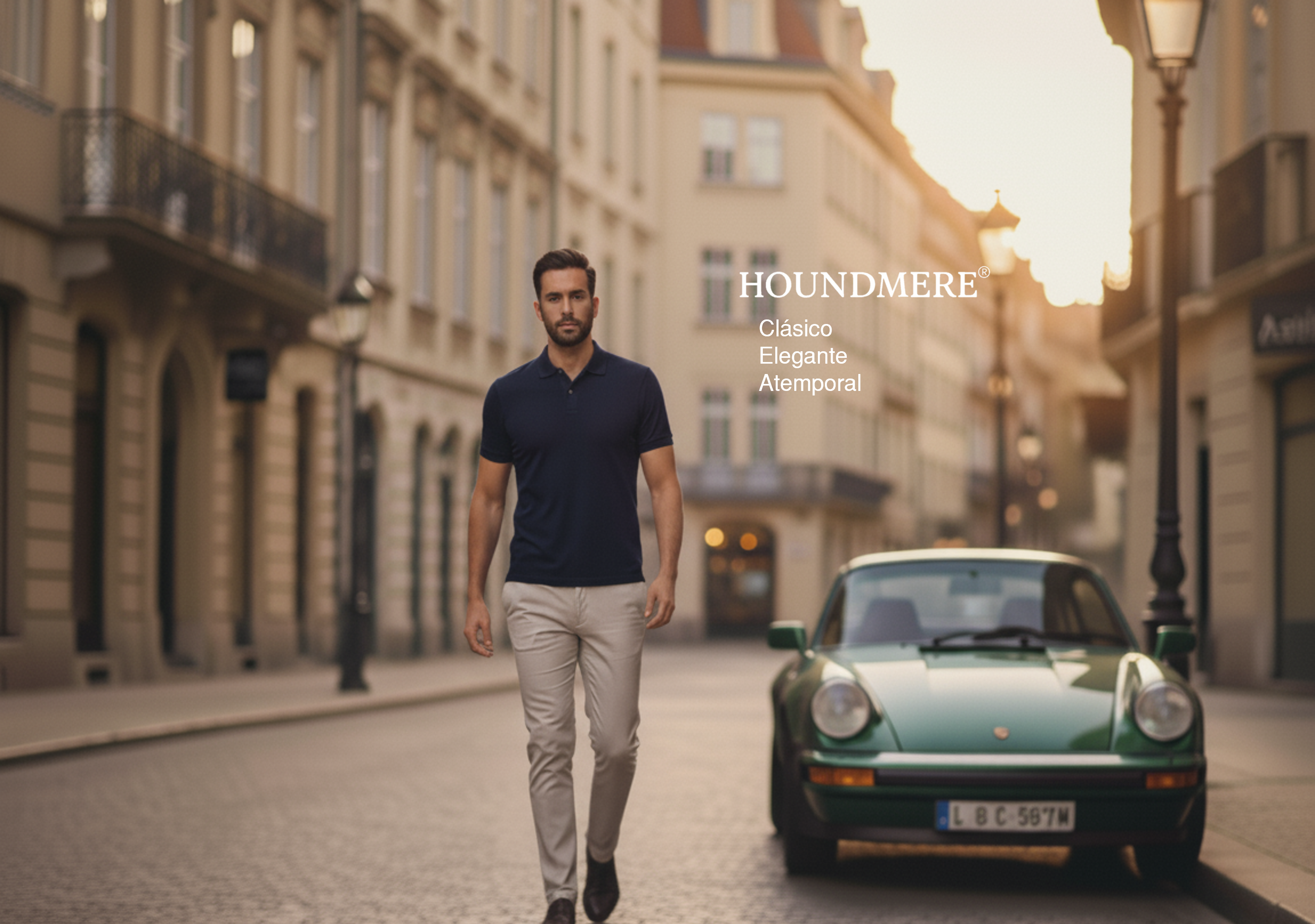 Banner principal de Houndmere mostrando moda masculina elegante y clásica con diseño atemporal y calidad premium.